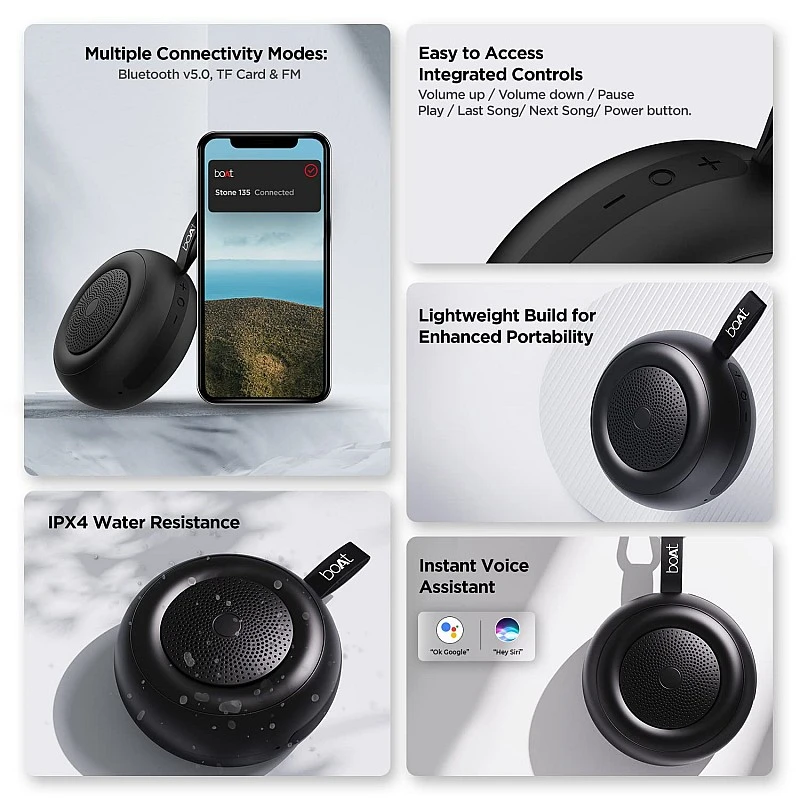 boAt Stone 135 Portable Wireless Speaker with 5W RMS Immersive Sound, IPX4 Water Resistance (Active Black) boAt Stone 135 Portable Wireless Speaker with 5W RMS Immersive Sound, IPX4 Water Resistance (Active Black)