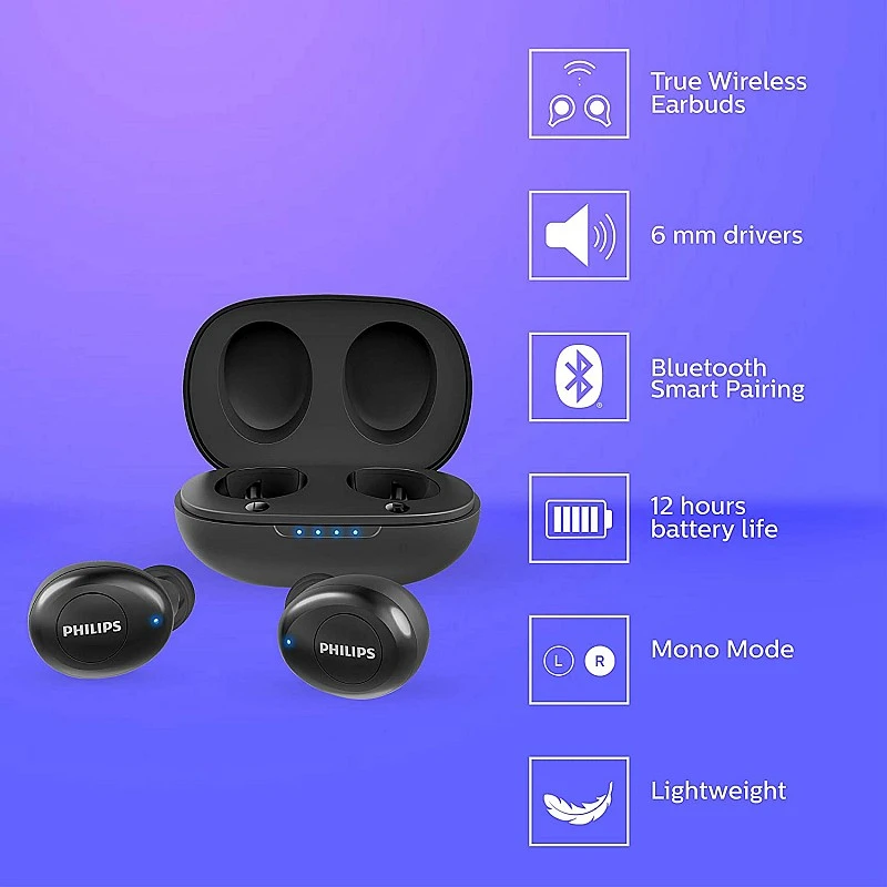 Philips Audio UpBeat TAUT102BK True Wireless TWS Black Bluetooth Earbuds (Black) Philips Audio UpBeat TAUT102BK True Wireless TWS Black Bluetooth Earbuds (Black)