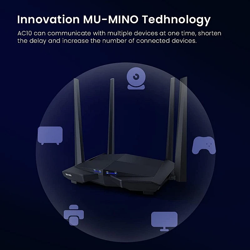 Tenda AC10 AC1200 Wireless Smart Dual-Band Gigabit WiFi Router, MU-MIMO, 4 Gigabit Ports Tenda AC10 AC1200 Wireless Smart Dual-Band Gigabit WiFi Router, MU-MIMO, 4 Gigabit Ports