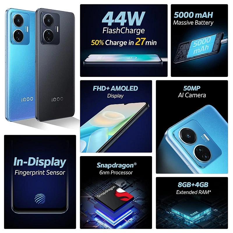iQOO Z6 44W by vivo (Lumina Blue, 4GB RAM, 128GB Storage) Refurbished 