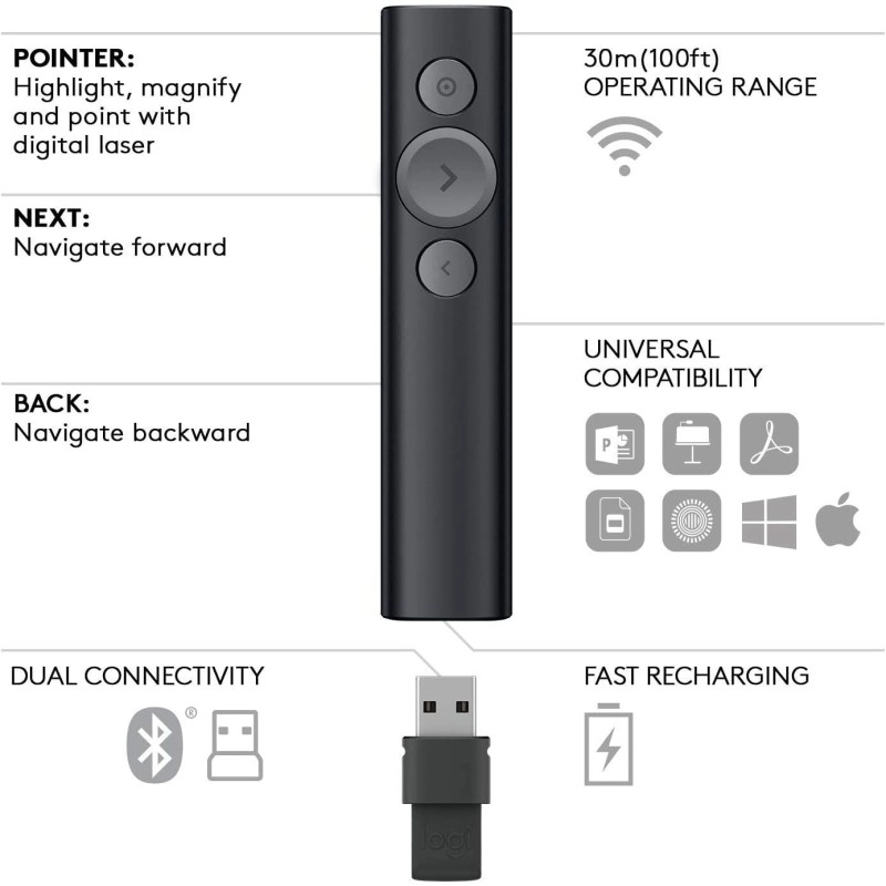 logitech Spotlight Wireless Presentation Remote, 2.4 Ghz and Bluetooth, USB-Receiver, Digital Laser Pointer, 30-Meter Operating Range, Dual Connectivity for Timer PC/Mac/Android/iOS - Gold