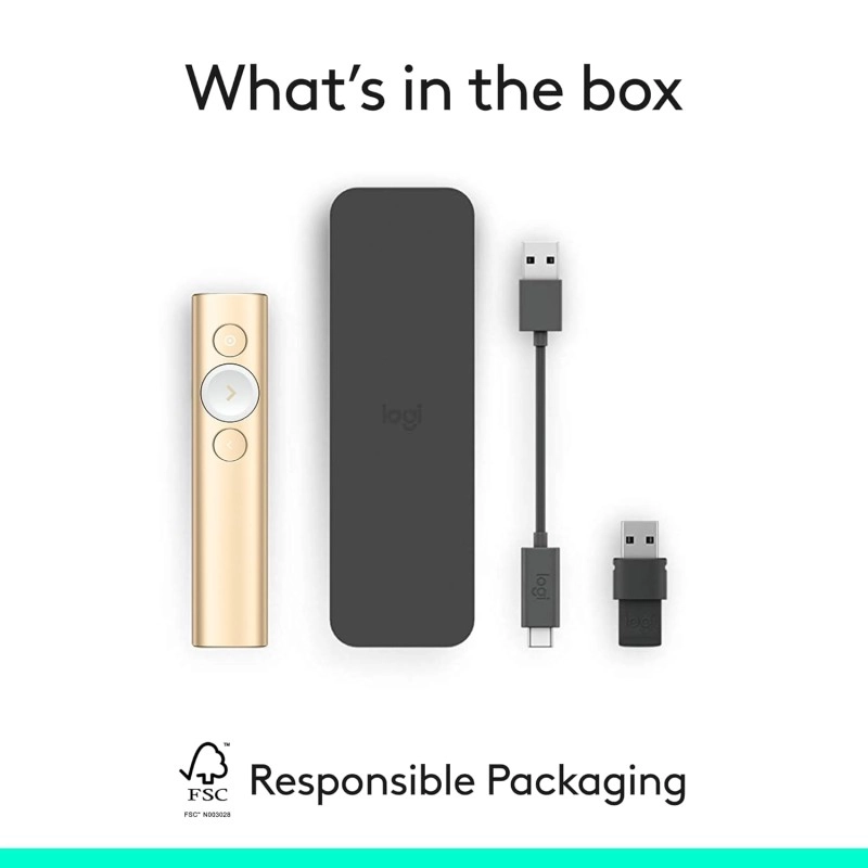 logitech Spotlight Wireless Presentation Remote, 2.4 Ghz and Bluetooth, USB-Receiver, Digital Laser Pointer, 30-Meter Operating Range, Dual Connectivity for Timer PC/Mac/Android/iOS - Gold