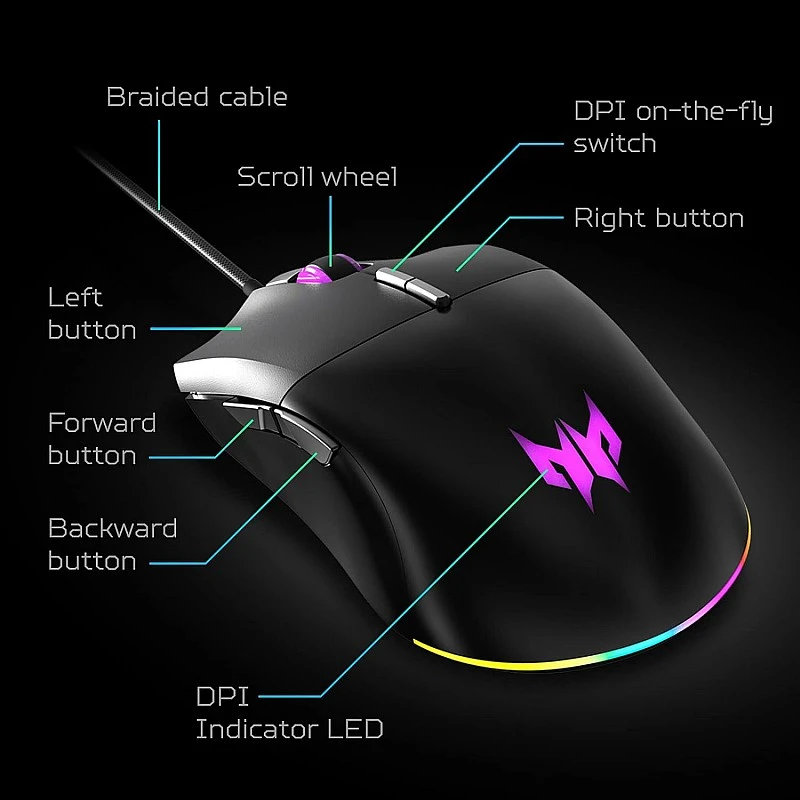 Acer Predator Cestus 330 Gaming Mouse: 16000 On-The-Fly DPI - RGB Lighting - 7 - Black