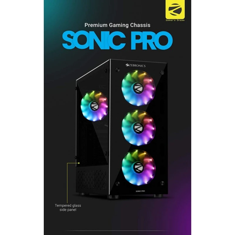 Zebronics Zeb-Sonic PRO Premium Gaming Cabinet Comes with Tempered Glass Front & Side Panel,120mm Rear & Front RGB LED Fan Zebronics Zeb-Sonic PRO Premium Gaming Cabinet Comes with Tempered Glass Front & Side Panel,120mm Rear & Front RGB LED Fan