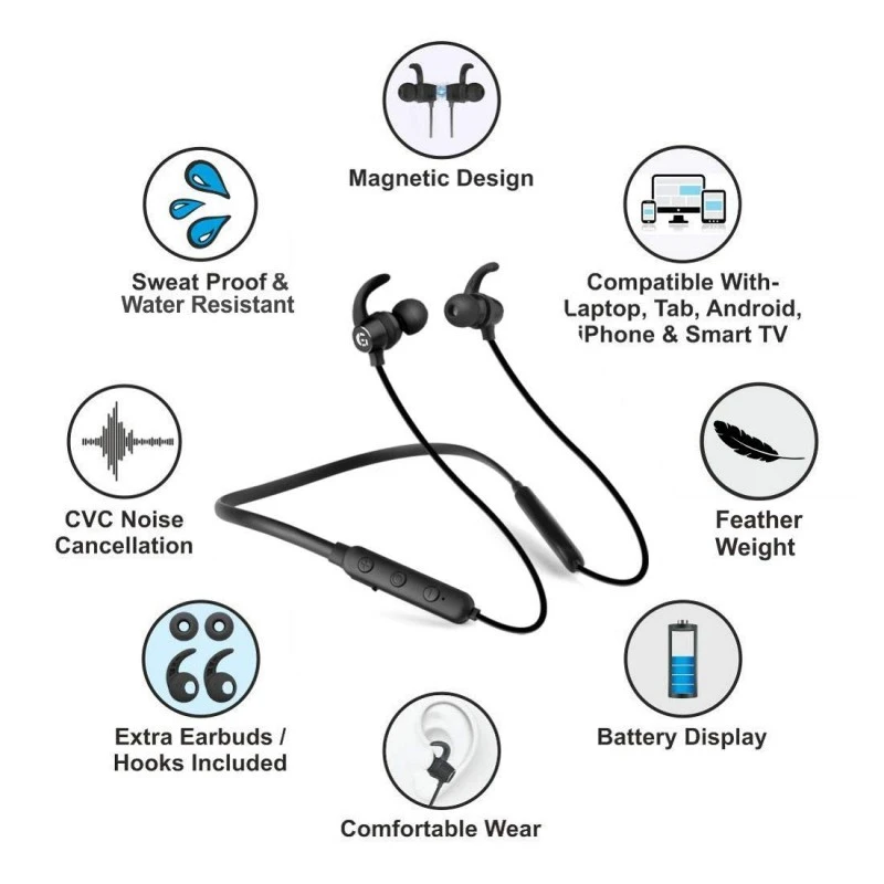 Matlek Fast Charging Bluetooth Earphone Wireless Headphone Neckband Sweat Proof Matlek Fast Charging Bluetooth Earphone Wireless Headphone Neckband Sweat Proof