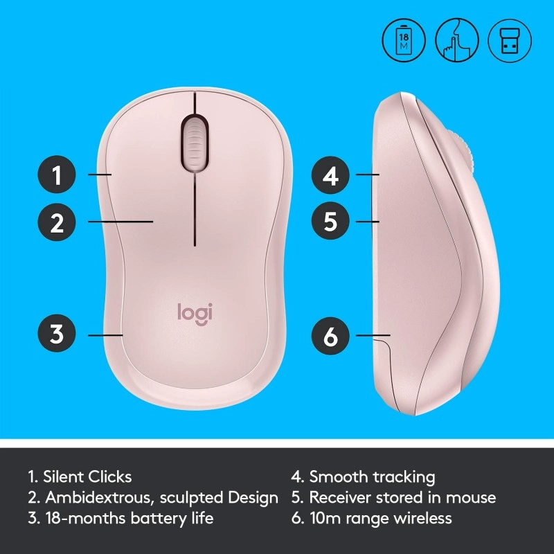 Logitech M221 Wireless Mouse, Silent Buttons, 2.4 GHz - Rose Logitech M221 Wireless Mouse, Silent Buttons, 2.4 GHz - Rose