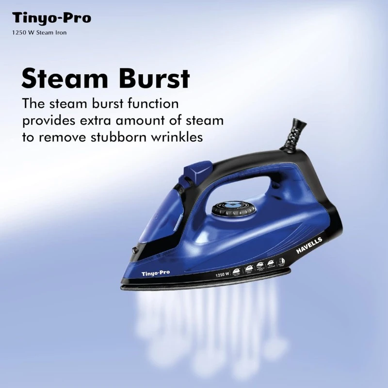 Havells Tinyo Pro 1250 Watt Steam Iron Press with Powerfull Steam Spray | Horizontal & Vertical Steaming Function | Self Clean | 2 Years Warranty (Blue) Havells Tinyo Pro 1250 Watt Steam Iron Press with Powerfull Steam Spray | Horizontal & Vertical Steaming Function | Self Clean | 2 Years Warranty (Blue)