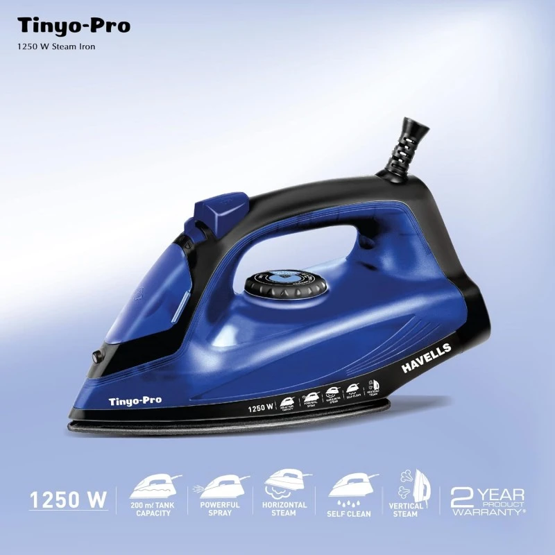 Havells Tinyo Pro 1250 Watt Steam Iron Press with Powerfull Steam Spray | Horizontal & Vertical Steaming Function | Self Clean | 2 Years Warranty (Blue) Havells Tinyo Pro 1250 Watt Steam Iron Press with Powerfull Steam Spray | Horizontal & Vertical Steaming Function | Self Clean | 2 Years Warranty (Blue)