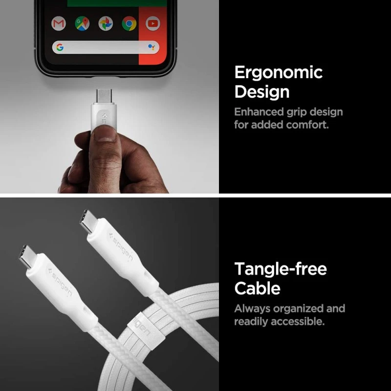 Spigen USB-C to C 3.2 Gen 1 Cable Official E-Mark, 100W & 5Gbps Compatible with Macbook, iPad, Galaxy, OnePlus, Pixel (1m) - White Spigen USB-C to C 3.2 Gen 1 Cable Official E-Mark, 100W & 5Gbps Compatible with Macbook, iPad, Galaxy, OnePlus, Pixel (1m) - White