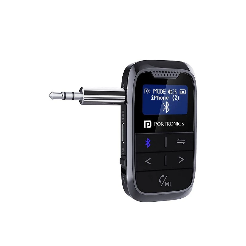 Portronics Auto 18 Car Bluetooth Transmitter/Receiver with Display, Handsfree Calling, Aux in/Out, HD Sound Quality, for Car, TV, PC, Speaker (Black) Portronics Auto 18 Car Bluetooth Transmitter/Receiver with Display, Handsfree Calling, Aux in/Out, HD Sound Quality, for Car, TV, PC, Speaker (Black)