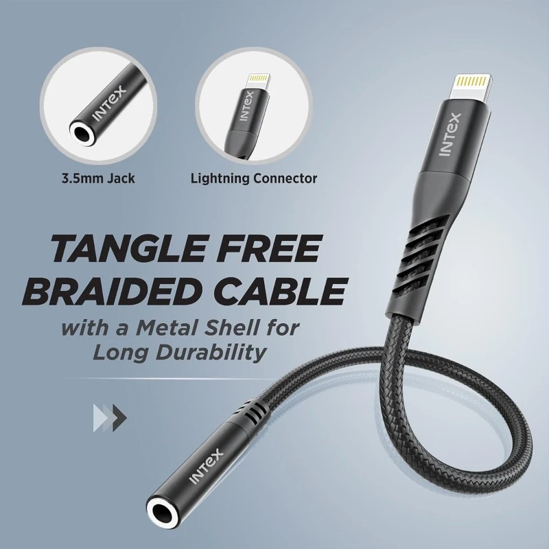 Intex Speed Lightning to 3.5mm AUX Connector with DAC Chipset, HD Audio Output, Compatible with iOS Smartphones, Compact Size, Nylon Braided with Metal Shell Design, Durable & Flexible(Black) Intex Speed Lightning to 3.5mm AUX Connector with DAC Chipset, HD Audio Output, Compatible with iOS Smartphones, Compact Size, Nylon Braided with Metal Shell Design, Durable & Flexible(Black)