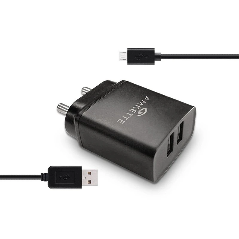 Amkette PowerPro Smart Dual Port Wall Charger MicroUSB Cable Included (2.4 Amperes) (Black)- Amkette PowerPro Smart Dual Port Wall Charger MicroUSB Cable Included (2.4 Amperes) (Black)-