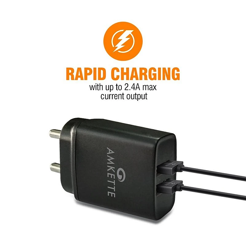Amkette PowerPro Smart Dual Port Wall Charger MicroUSB Cable Included (2.4 Amperes) (Black)- Amkette PowerPro Smart Dual Port Wall Charger MicroUSB Cable Included (2.4 Amperes) (Black)-
