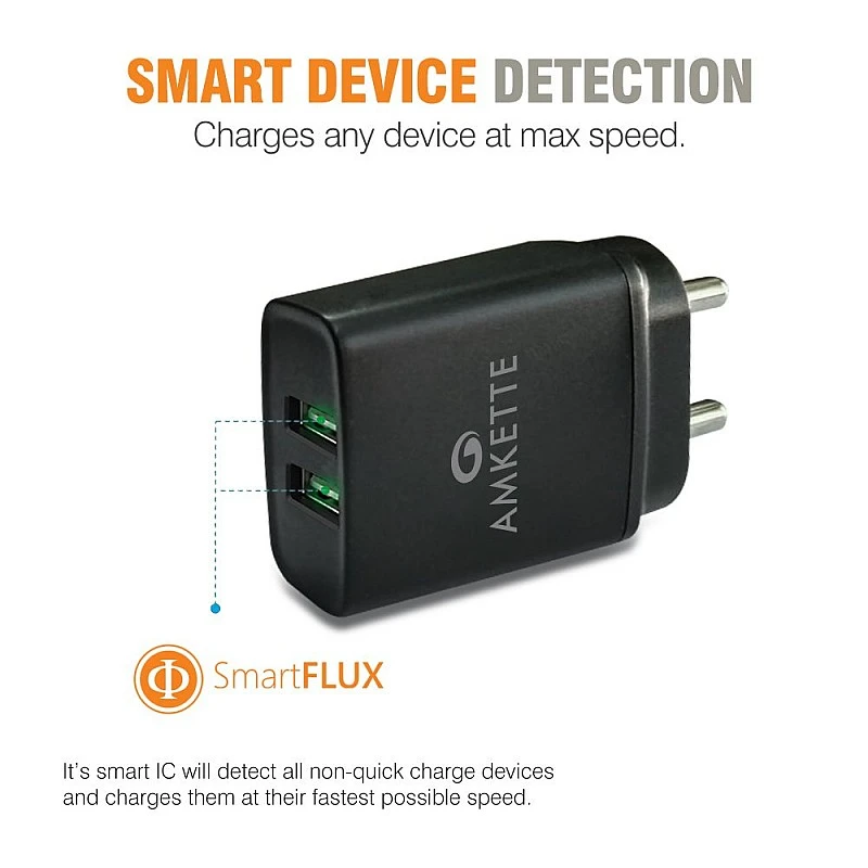 Amkette PowerPro Smart Dual Port Wall Charger MicroUSB Cable Included (2.4 Amperes) (Black)- Amkette PowerPro Smart Dual Port Wall Charger MicroUSB Cable Included (2.4 Amperes) (Black)-