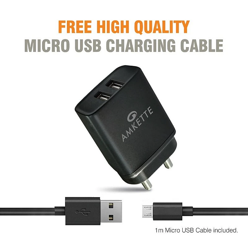 Amkette PowerPro Smart Dual Port Wall Charger MicroUSB Cable Included (2.4 Amperes) (Black)- Amkette PowerPro Smart Dual Port Wall Charger MicroUSB Cable Included (2.4 Amperes) (Black)-