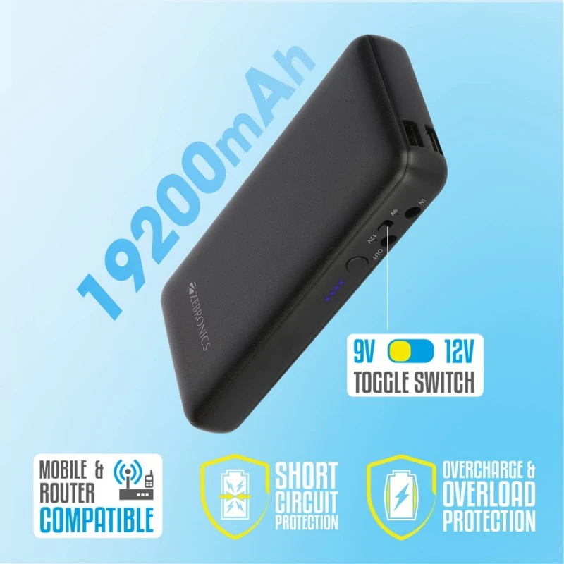ZEBRONICS ZEB-M24Q27 Router UPS with 19200mAh, 48W max, Built-in protections, LED Indicator, DC 12V/9V/5V Input Output Support ZEBRONICS ZEB-M24Q27 Router UPS with 19200mAh, 48W max, Built-in protections, LED Indicator, DC 12V/9V/5V Input Output Support