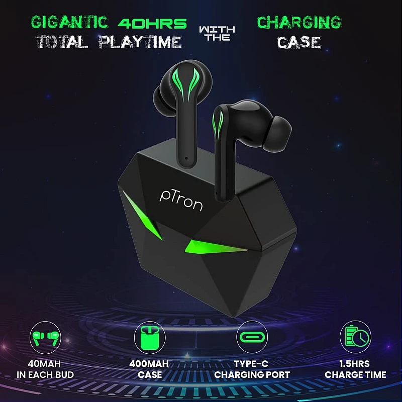 pTron Bassbuds Jade Gaming True Wireless Headphone with 40Hrs Total Playtime with Case (Black) pTron Bassbuds Jade Gaming True Wireless Headphone with 40Hrs Total Playtime with Case (Black)