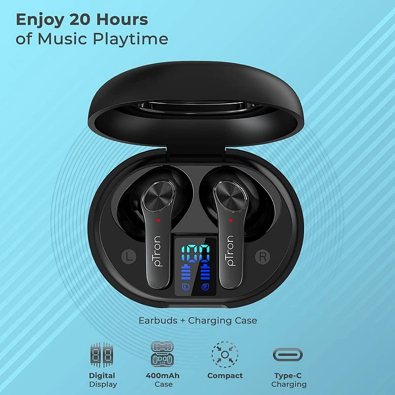 pTron Basspods P481 Pro Active Noise Cancellation (ANC) Wireless Earphones, TypeC Fast Charging & IPX4 Water-Resistant (Black) pTron Basspods P481 Pro Active Noise Cancellation (ANC) Wireless Earphones, TypeC Fast Charging & IPX4 Water-Resistant (Black)