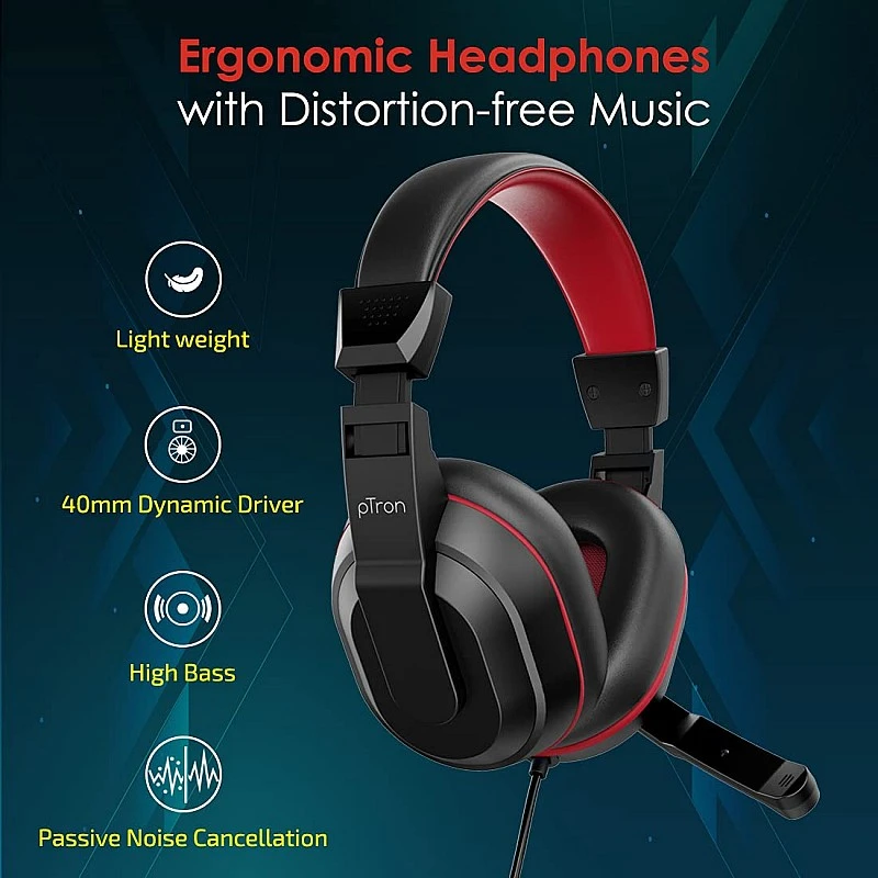 pTron Studio Lite Stereo Sound Wired Over Ear Headphones with Mic (Black/Red) pTron Studio Lite Stereo Sound Wired Over Ear Headphones with Mic (Black/Red)