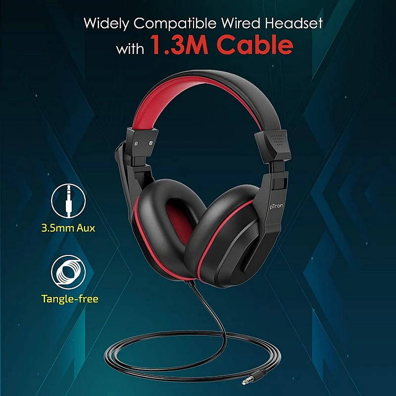 pTron Studio Lite Stereo Sound Wired Over Ear Headphones with Mic (Black/Red) pTron Studio Lite Stereo Sound Wired Over Ear Headphones with Mic (Black/Red)