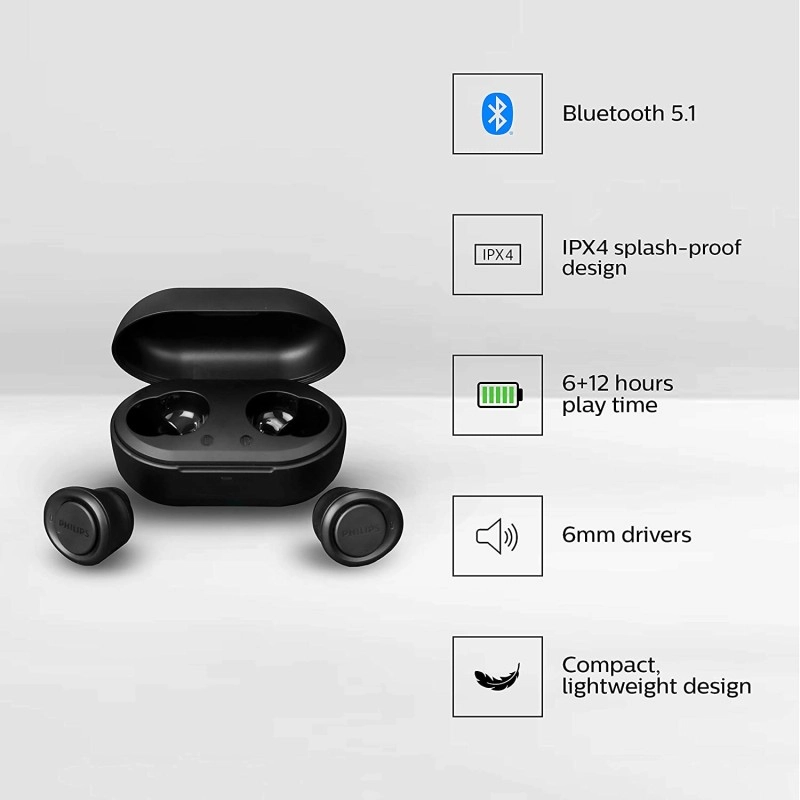 PHILIPS TAT1215BK TWS with IPX4 Splash-Proof Design Bluetooth Headset Black PHILIPS TAT1215BK TWS with IPX4 Splash-Proof Design Bluetooth Headset Black