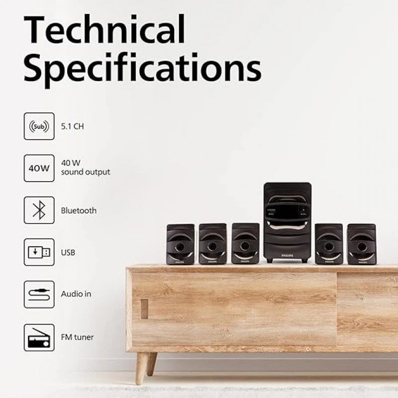 Philips Audio SPA5128B 5.1 CH 40W Bluetooth Multimedia Speakers (Black)- Philips Audio SPA5128B 5.1 CH 40W Bluetooth Multimedia Speakers (Black)-