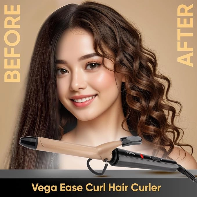 VEGA Ease Curl 19 mm Barrel Hair Curler With Ceramic Coated Plates, (VHCH-01), Beige