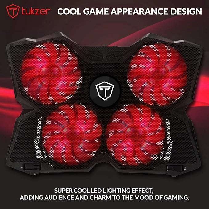 Tukzer Laptop Cooling Pad, Portable Slim Quiet-USB Powered Gaming Cooler Stand Chill Mat| 4-Red-LED Fans| Dual-USB-Port 