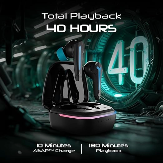 Boat Immortal 111, 40HRS Battery, 40ms Super Low Latency, RGB LEDs, 4Mics ENx Tech, Fast Charge, IPX4, v5.3 Bluetooth Earbuds, TWS Ear Buds Wireless Earphones with mic, Gaming Earbuds (Black Sabre)