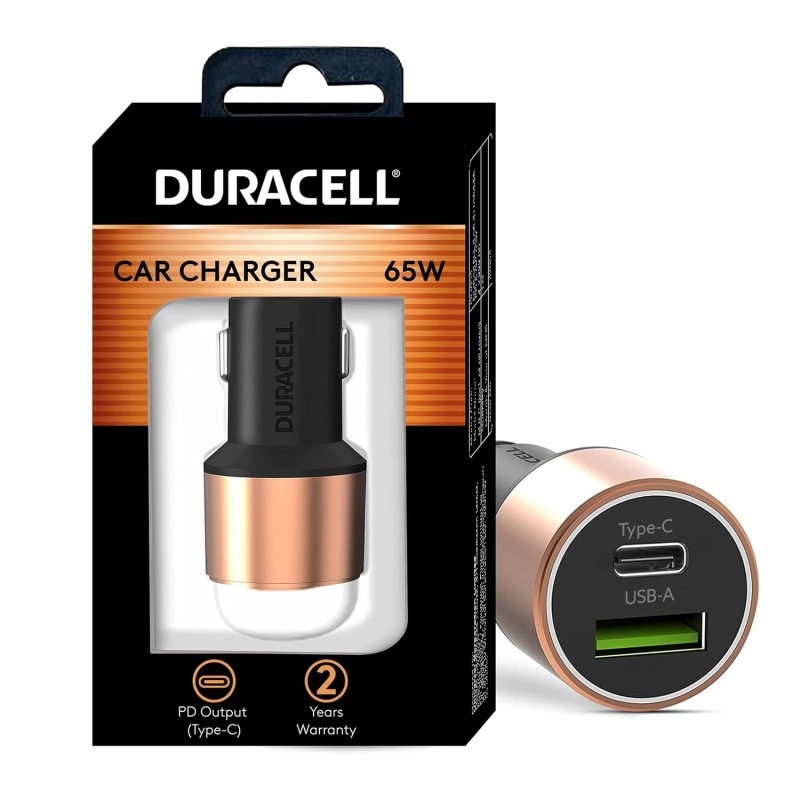 Duracell 65W Fast Car Charger Adapter with Dual Output. Quick Charge, Type C PD 45W Qualcomm Certified 3.0 20W (Copper  Black)