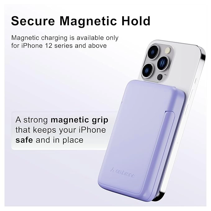 Ambrane 10000mAh Magnetic Wireless Power Bank for iPhone , 22.5W Wired + 15W Wireless Charging, Mobile Stand (Aerosync PB 10, Purple)
