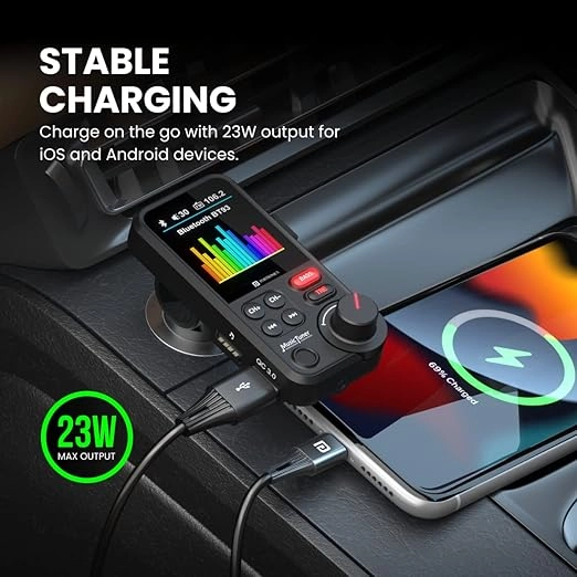 Portronics Auto One Smart Car Charger And Music Streamer with Hands Free Calling, Bluetooth 5.0 Black