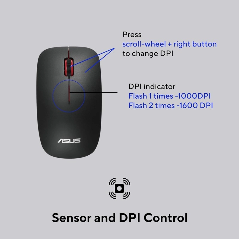 ASUS WT300 Wireless Ergonomic USB Mouse, Ambidextrous Design, Up to 1600 Dpi, Compact & Lighweight Mouse,2.4GHz Nano Dongle, Up to 15 Months of Battery Life - Black
