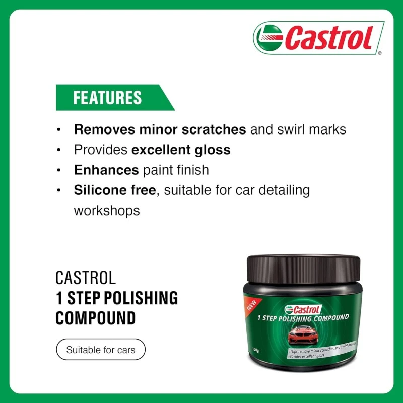 Castrol 1-Step POLISHING Compound for Cars (100G) | Removes Minor Scratches | Excellent Gloss | Enhances Paint Finish | Silicone-Free | Suitable for Manual Application & Car Detailing workshops, White Castrol 1-Step POLISHING Compound for Cars (100G) | Removes Minor Scratches | Excellent Gloss | Enhances Paint Finish | Silicone-Free | Suitable for Manual Application & Car Detailing workshops, White