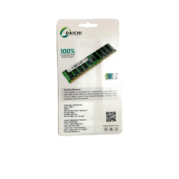 DAICHI 8 GB DUAL CHANNEL DDR3 U-DIMM DI8GD3 DT PC3 1600 MHz ( PC-12800) Memory Speed Desktop RAM for H55. H61, H81 motherboards with 5 Years Warranty,(PACK OF 1) GREEN