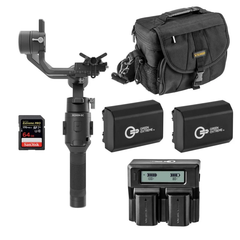 DJI Ronin-SC Handheld 3-Axis Gimbal Stabilizer for Sony Mirrorless Camera, (a7 III, a7RIII, a7R IV, a6600) Pro Video Bundle with Bag, 64GB SD Card, 2 Green Extreme NP-FZ100 Battery, Dual Charger DJI Ronin-SC Handheld 3-Axis Gimbal Stabilizer for Sony Mirrorless Camera, (a7 III, a7RIII, a7R IV, a6600) Pro Video Bundle with Bag, 64GB SD Card, 2 Green Extreme NP-FZ100 Battery, Dual Charger