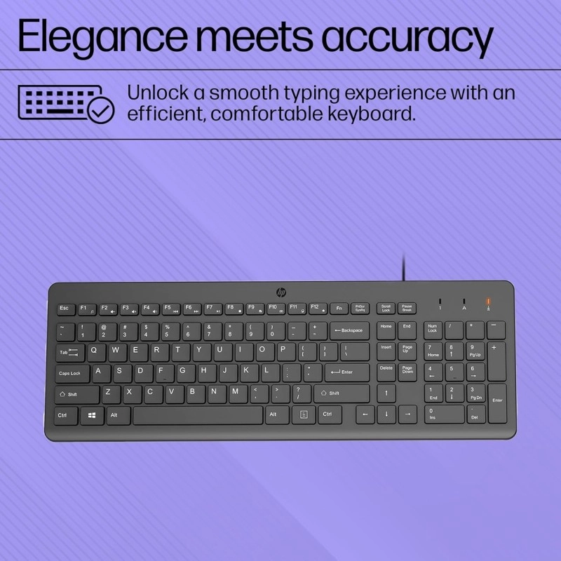 HP 150 Wired Keyboard, Quick, Comfy and Ergonomically Design, 12Fn Shortcut Keys, Plug and Play USB Connection and LED Indicator, 3 Years Warranty HP 150 Wired Keyboard, Quick, Comfy and Ergonomically Design, 12Fn Shortcut Keys, Plug and Play USB Connection and LED Indicator, 3 Years Warranty
