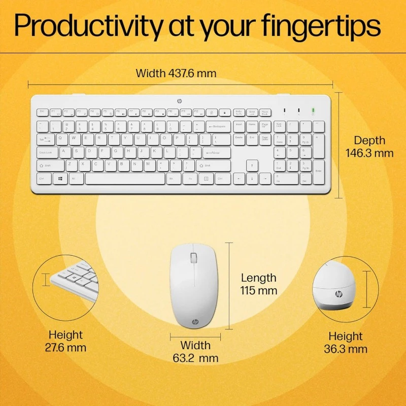 HP 230 Wireless Keyboard and Mouse Combo, 2.4GHz USB dongle, 1600 dpi, Windows PC Compatible, Full-Size Keyboard with Numeric pad, 12 Function Keys, 1-Year Warranty, 0.56 kg, White, 3L1F0AA HP 230 Wireless Keyboard and Mouse Combo, 2.4GHz USB dongle, 1600 dpi, Windows PC Compatible, Full-Size Keyboard with Numeric pad, 12 Function Keys, 1-Year Warranty, 0.56 kg, White, 3L1F0AA