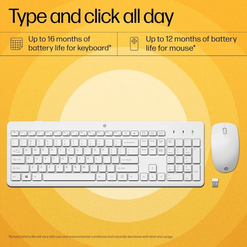 HP 230 Wireless Keyboard and Mouse Combo, 2.4GHz USB dongle, 1600 dpi, Windows PC Compatible, Full-Size Keyboard with Numeric pad, 12 Function Keys, 1-Year Warranty, 0.56 kg, White, 3L1F0AA HP 230 Wireless Keyboard and Mouse Combo, 2.4GHz USB dongle, 1600 dpi, Windows PC Compatible, Full-Size Keyboard with Numeric pad, 12 Function Keys, 1-Year Warranty, 0.56 kg, White, 3L1F0AA