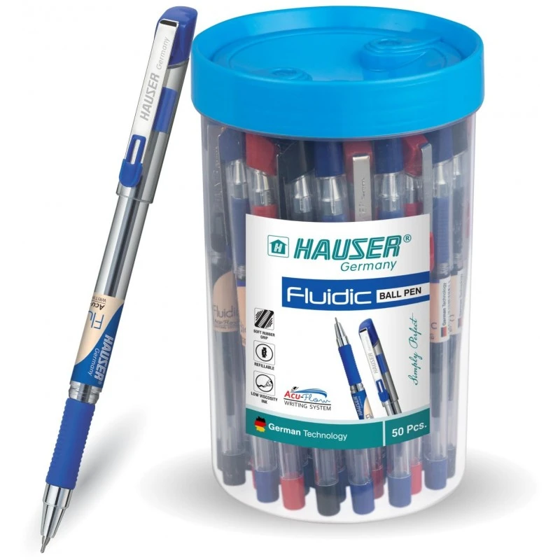 Hauser Fluidic 0.55mm Ball Pen Jar Pack | Rubber Grip With Acu Flow Writing System | Trendy Metal Clip | Clear Body Refillable Ball Pen | Blue, Black & Red Ink, Pack of 50 Pens Hauser Fluidic 0.55mm Ball Pen Jar Pack | Rubber Grip With Acu Flow Writing System | Trendy Metal Clip | Clear Body Refillable Ball Pen | Blue, Black & Red Ink, Pack of 50 Pens