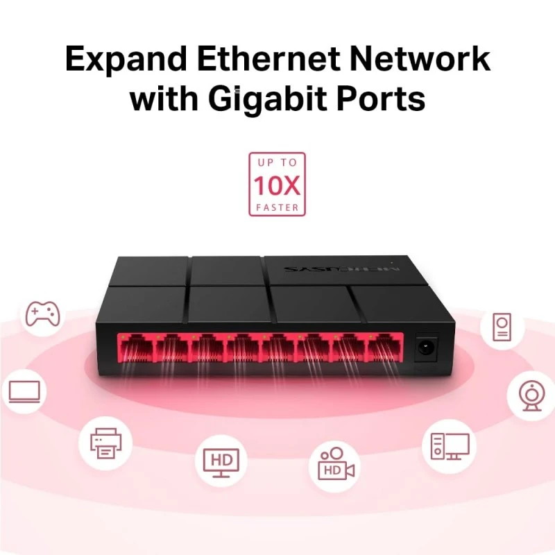Mercusys 8-Ports 10/100/1,000 Mbps Desktop Switch MS108G Ethernet Network Hub | RJ45 | Plug and Play | Auto MDI/MDIX Supported Mercusys 8-Ports 10/100/1,000 Mbps Desktop Switch MS108G Ethernet Network Hub | RJ45 | Plug and Play | Auto MDI/MDIX Supported