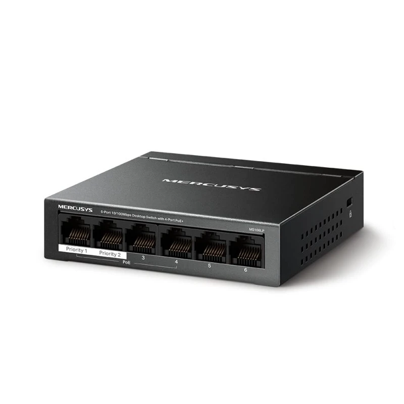 Mercusys MS106LP 6-Port 10/100Mbps Desktop Switch with 4-Port PoE+ Network Hub|2× Uplink Ports|Long-Range |PoE Auto Recovery | Plug and Play|Durable Metal Casing Mercusys MS106LP 6-Port 10/100Mbps Desktop Switch with 4-Port PoE+ Network Hub|2× Uplink Ports|Long-Range |PoE Auto Recovery | Plug and Play|Durable Metal Casing