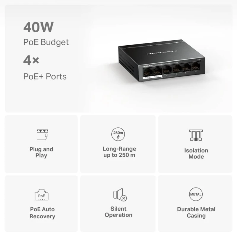 Mercusys MS106LP 6-Port 10/100Mbps Desktop Switch with 4-Port PoE+ Network Hub|2× Uplink Ports|Long-Range |PoE Auto Recovery | Plug and Play|Durable Metal Casing Mercusys MS106LP 6-Port 10/100Mbps Desktop Switch with 4-Port PoE+ Network Hub|2× Uplink Ports|Long-Range |PoE Auto Recovery | Plug and Play|Durable Metal Casing
