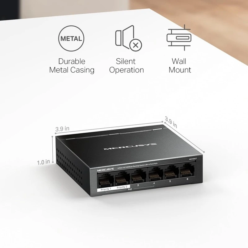 Mercusys MS106LP 6-Port 10/100Mbps Desktop Switch with 4-Port PoE+ Network Hub|2× Uplink Ports|Long-Range |PoE Auto Recovery | Plug and Play|Durable Metal Casing Mercusys MS106LP 6-Port 10/100Mbps Desktop Switch with 4-Port PoE+ Network Hub|2× Uplink Ports|Long-Range |PoE Auto Recovery | Plug and Play|Durable Metal Casing