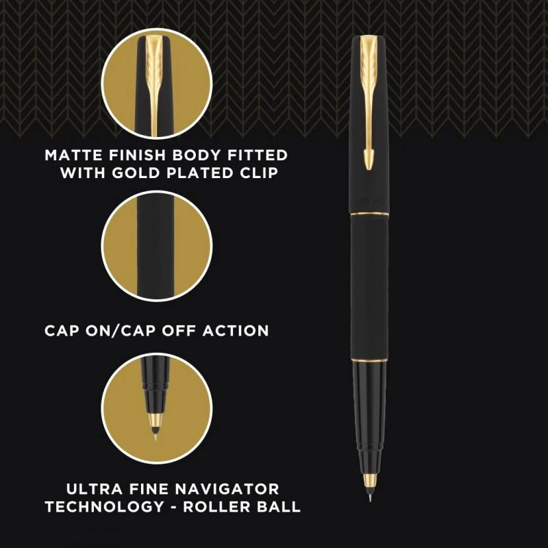 Parker Gift Set Frontier Matte Black Gold Trim Roller Ball Pen With Card Holder | 1 Pen + 1 Card Holder| Ink Color - Blue | Perfect For Employees | Unique Gifts For Entrepreneurs Parker Gift Set Frontier Matte Black Gold Trim Roller Ball Pen With Card Holder | 1 Pen + 1 Card Holder| Ink Color - Blue | Perfect For Employees | Unique Gifts For Entrepreneurs