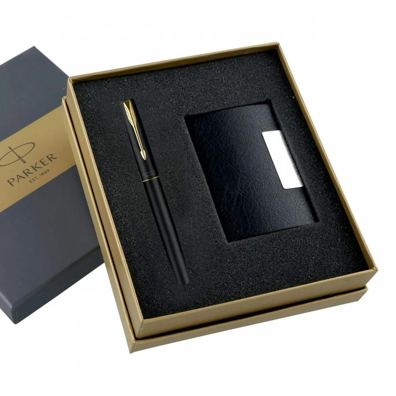 Parker Gift Set Frontier Matte Black Gold Trim Roller Ball Pen With Card Holder | 1 Pen + 1 Card Holder| Ink Color - Blue | Perfect For Employees | Unique Gifts For Entrepreneurs Parker Gift Set Frontier Matte Black Gold Trim Roller Ball Pen With Card Holder | 1 Pen + 1 Card Holder| Ink Color - Blue | Perfect For Employees | Unique Gifts For Entrepreneurs