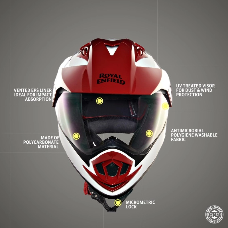 Royal Enfield DS Escapade ISI Certified Full Face Riding Helmet White & Red (L) 58 Cm-High Impact Grade Thermoplastic & Vented EPS Liner for Superior Impact Protection and Durability