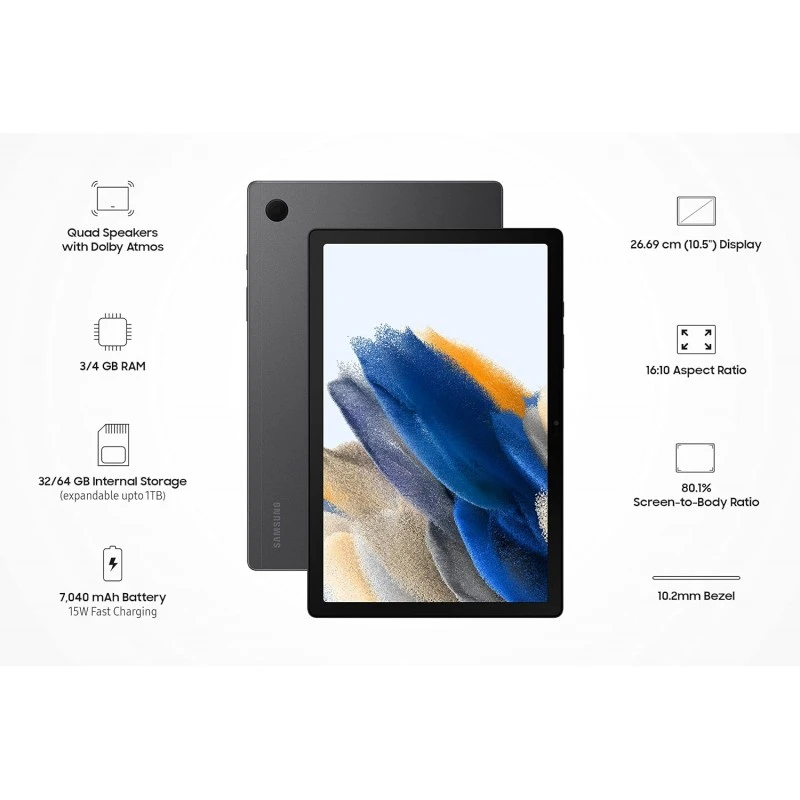 Samsung Galaxy Tab A8 26.69 cm (10.5 inch) Display, RAM 4 GB, ROM 64 GB Expandable, Wi-Fi+LTE Tablet, Gray, (SM-X205NZAEINU) Samsung Galaxy Tab A8 26.69 cm (10.5 inch) Display, RAM 4 GB, ROM 64 GB Expandable, Wi-Fi+LTE Tablet, Gray, (SM-X205NZAEINU)