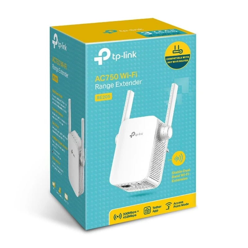 TP-Link RE205 AC750 Universal Wireless Dual Band Range Extender, Broadband/Wi-Fi Extender, WiFi Booster/Hotspot with Ethernet Port, 2 External Antennas, Plug and Play, Smart Signal Indicator, 750Mbps TP-Link RE205 AC750 Universal Wireless Dual Band Range Extender, Broadband/Wi-Fi Extender, WiFi Booster/Hotspot with Ethernet Port, 2 External Antennas, Plug and Play, Smart Signal Indicator, 750Mbps