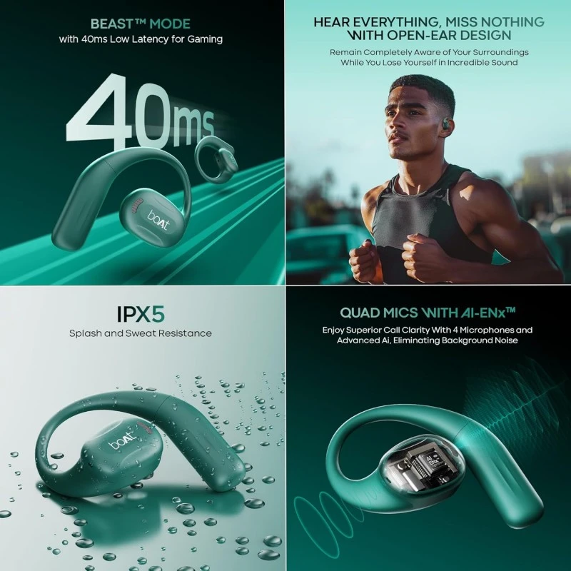 boAt Airdopes Progear Open-Ear Ear Buds for Outdoor Sports W/Air Conduction Tech, in Ear, 4 Mics W/Ai-Enx, 100Hrs Playback, 15Mm Drivers, Secure Fit,Beast Mode W/ 40Ms Latency, ASAP Charge Green boAt Airdopes Progear Open-Ear Ear Buds for Outdoor Sports W/Air Conduction Tech, in Ear, 4 Mics W/Ai-Enx, 100Hrs Playback, 15Mm Drivers, Secure Fit,Beast Mode W/ 40Ms Latency, ASAP Charge Green